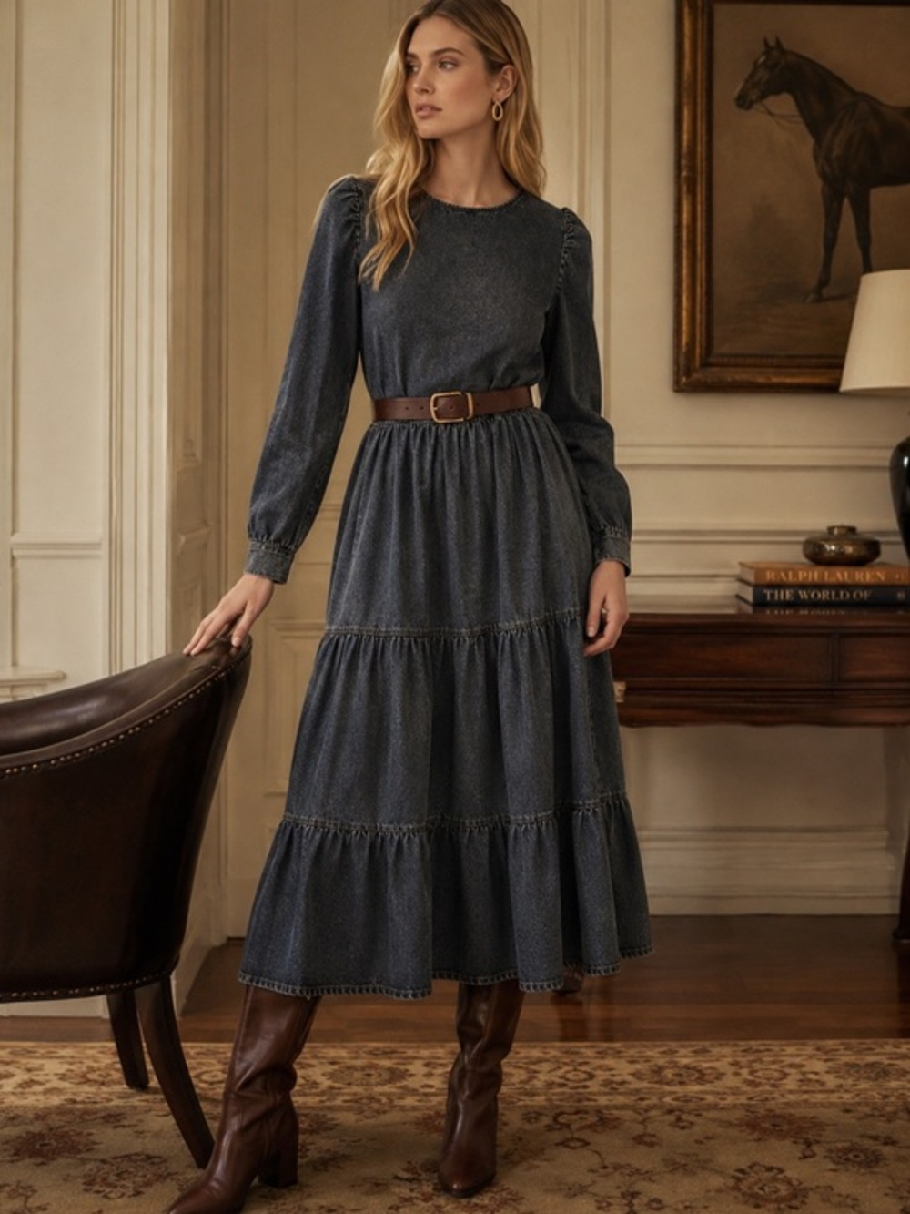 Idem Ditto  Gray Washed Cottagecore Prairie Western MIDI Dress w/ Pockets M